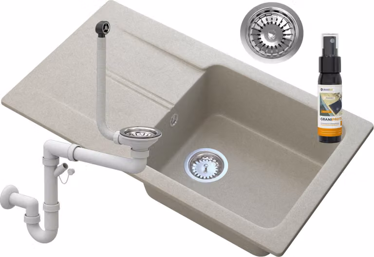 Granitan - Lavello in granito - Lavello da cucina - 78x44x16 cm - Beige - con sifone e scolapiatti - Lavello - TASOS