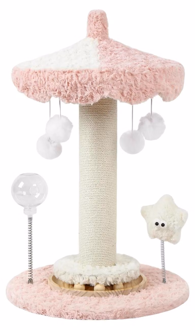 Albero per gatti - Tiragraffi alto 61 cm - Realizzato in sisal e legno - Casetta con rivestimento in peluche e giocattoli - Gioco interattivo per gatti e gattini - Design a carosello
