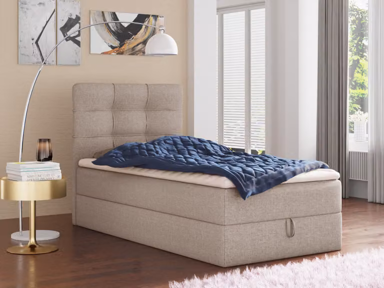 Letto boxspring Best Mini con contenitore e coprimaterasso - Letto singolo con materasso Bonell e coprimaterasso, letto imbottito, letto, camera da letto (Beige (Inari 22), 90 x 200 cm)