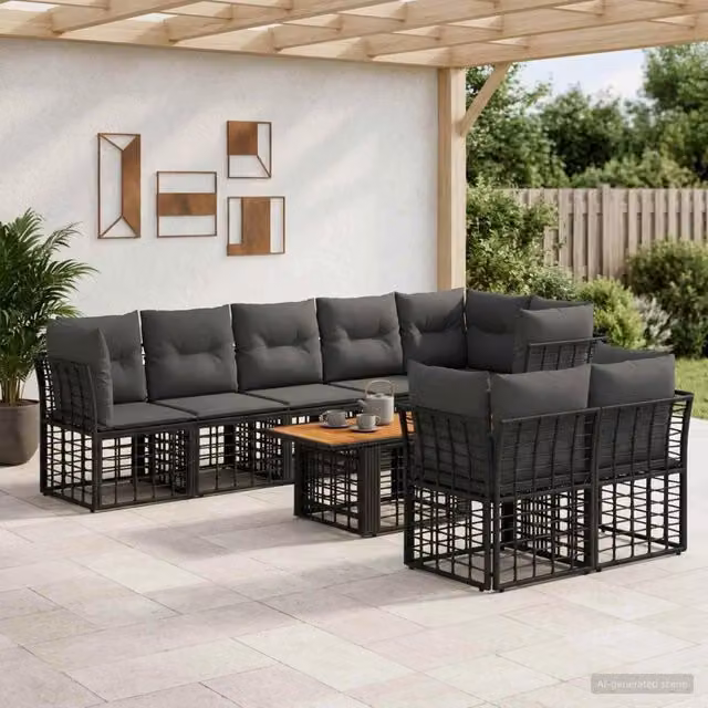 Set Divano da Giardino 9 pz Nero e Grigio scuro polyrattan 3437885