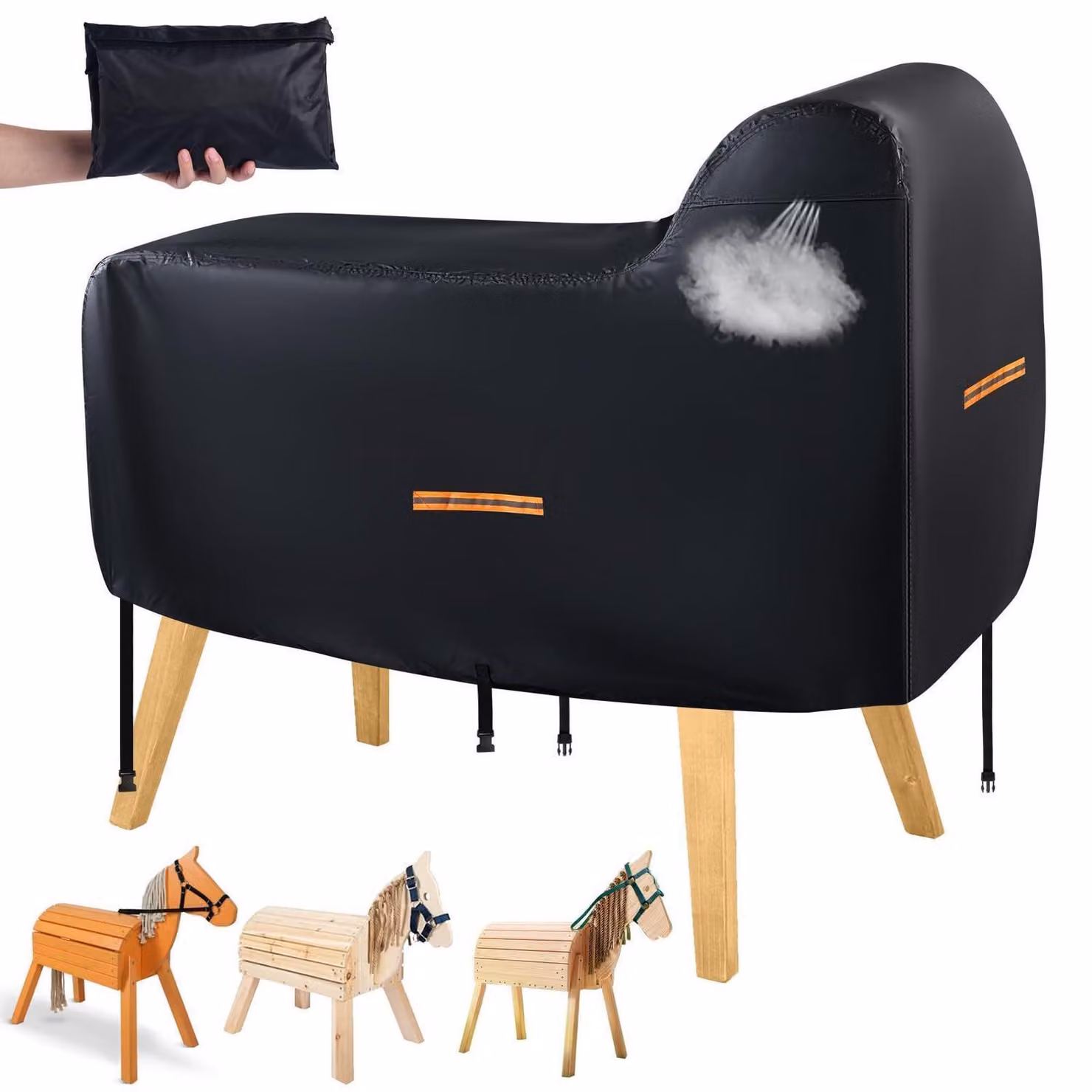 Copertura protettiva per cavallo di legno, realizzata in tessuto Oxford 420D, impermeabile e resistente ai raggi UV, dimensioni 160x110x70 cm, colore nero, con borsa per il trasporto