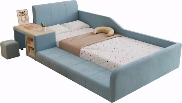 Letto singolo bambini 90x200 cm in velluto con scrivania; sgabello e testiera imbottita blu