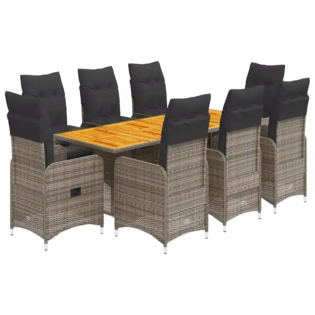 Set Bistrò da Giardino vidaXL in Polyrattan Grigio con Cuscini e Tavolo in Legno di Acacia 9 pz – 2