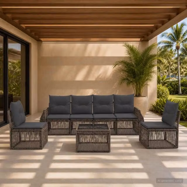 Set da giardino vidaXL composto da 7 pezzi con divano a 3 posti, poltrone e tavolino da caffè in rattan e metallo, colori grigio e antracite