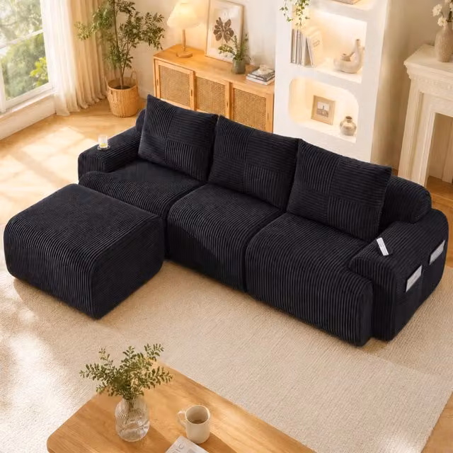 Divano modulare 3 posti 268 x 174 x 80 cm con pouf in velluto a coste nero per soggiorno