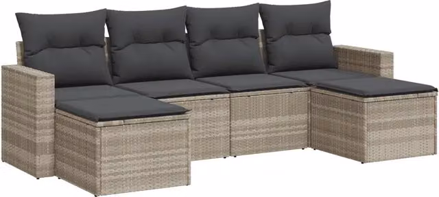 Set Divano da Giardino 6pz | Set Salotto da Giardino con Cuscini Grigio Chiaro Polyrattan