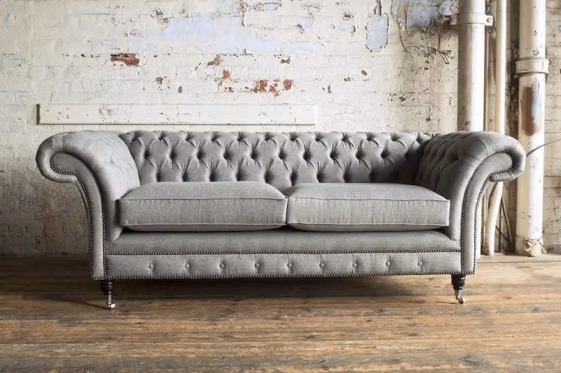 XXL Sofa 3 Sitzer Couch Chesterfield Polster Sitz Garnitur Leder Hellgrau