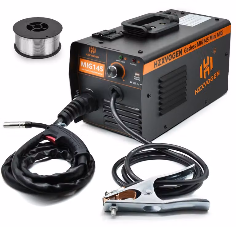 Saldatrice MIG - MIG145 - Senza gas, filo animato, avanzamento filo 3–18 m/min, semiautomatica, portatile, spina UE - Lamina dorata