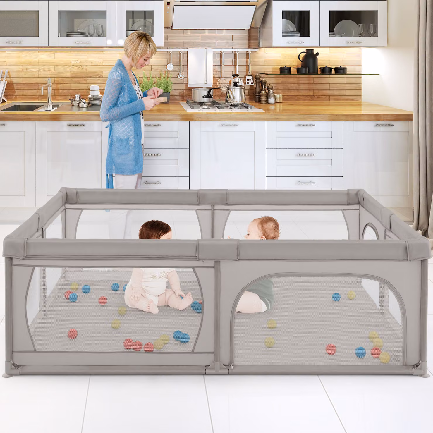 Recinto extra large Costway per neonati e bambini con rete traspirante, box per interno ed esterno Grigio