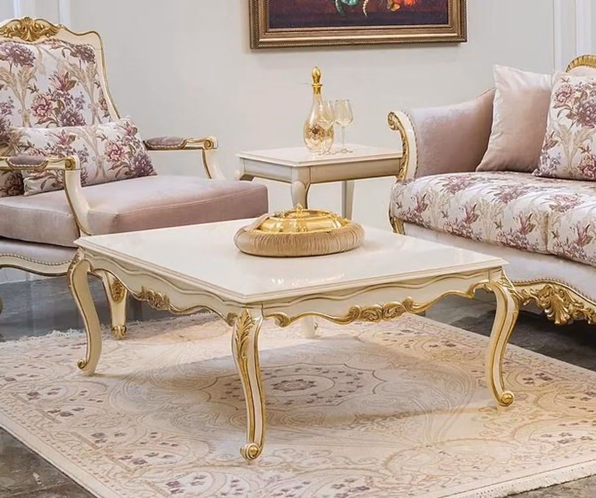 Casa Padrino tavolino barocco bianco/oro 121 x 81 x h. 44 cm - Nobile tavolino da salotto in legno massiccio in stile barocco - Mobili da salotto barocchi