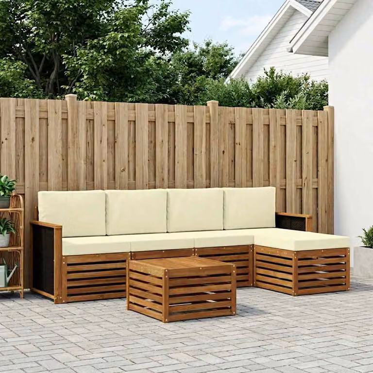 Set di divani da esterno vidaXL 6 pezzi a forma di L in legno di acacia con tavolino e pouf, Colore Beige e Marrone