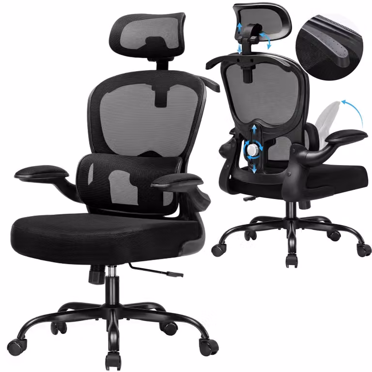 COMHOMA Sedia ergonomica per ufficio, sedia da scrivania con poggiatesta 3D e supporto lombare, design con appendiabiti integrato, bracciolo ribaltabile, 150 kg