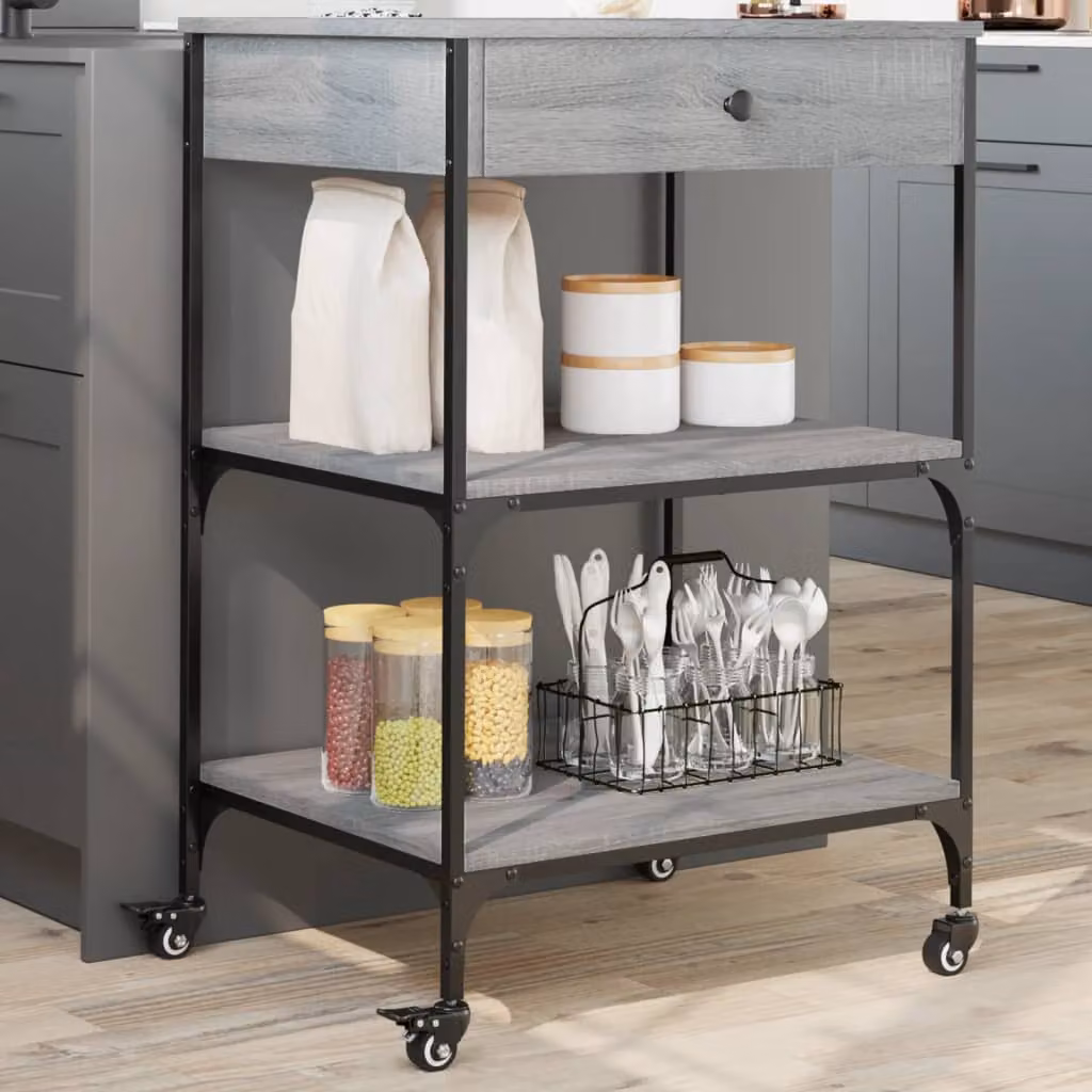 vidaXL Carrello da Cucina in Legno e Metallo Grigio con Ruote L/P/H: 60 x 48 x 89,5 cm