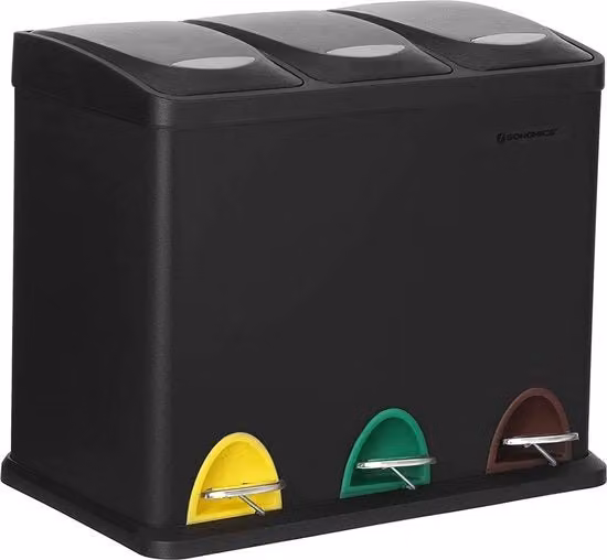 Contenitore per rifiuti - 24 L - 3-in-1 - Spazzola a pedali - Separazione rifiuti - Stagno - Imboccatura interna - Nero - 46,5 x 29,5 x (40,5-65) cm