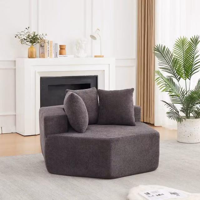 Poltrona lounge modulare esagonale 137x32x32 cm con 3 cuscini in ciniglia grigia