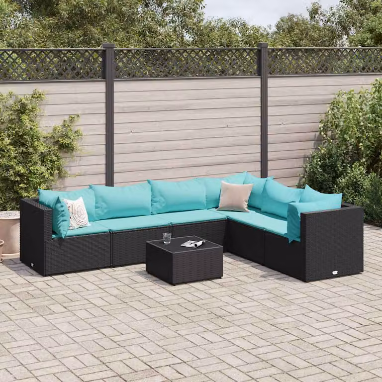 vidaXL Set Salotto da Giardino a L con Cuscini Blu e Nero, 7 Pezzi in Polyrattan e Acciaio Verniciato a Polvere
