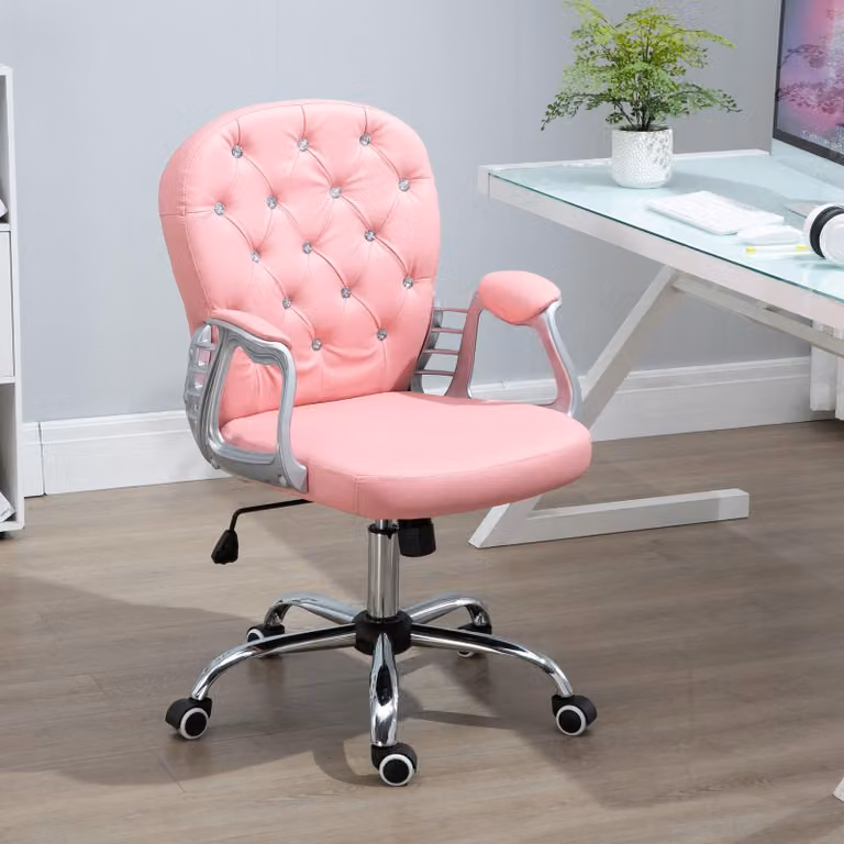 Sedia da ufficio – Sedia girevole ergonomica – Con rivestimento in poliuretano rosa, altezza regolabile e bottoni a forma di diamante