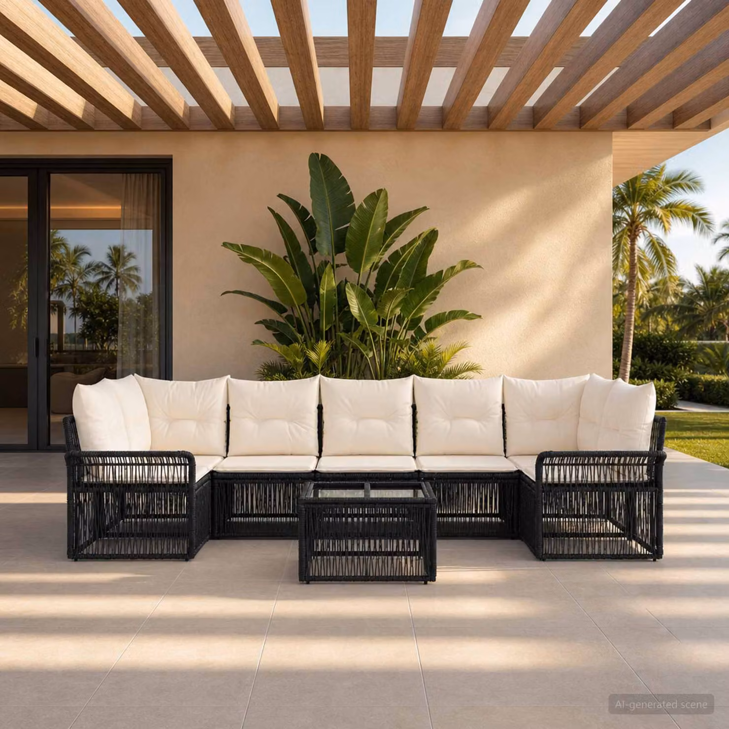 Set Divano da Giardino vidaXL 8 pz Nero con Tavolino e Cuscini in Polyrattan e Acciaio