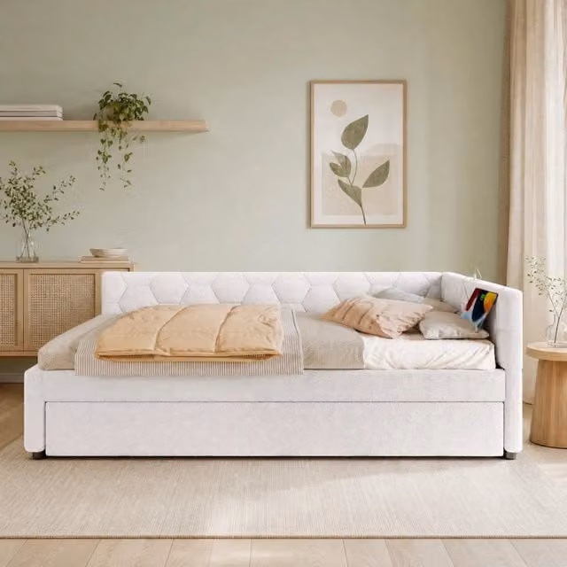 Letto da giorno ULEVR 90x200 cm con letto estraibile, lampada da comodino, USB e Type-C, rivestimento boucl¨¦ bianco
