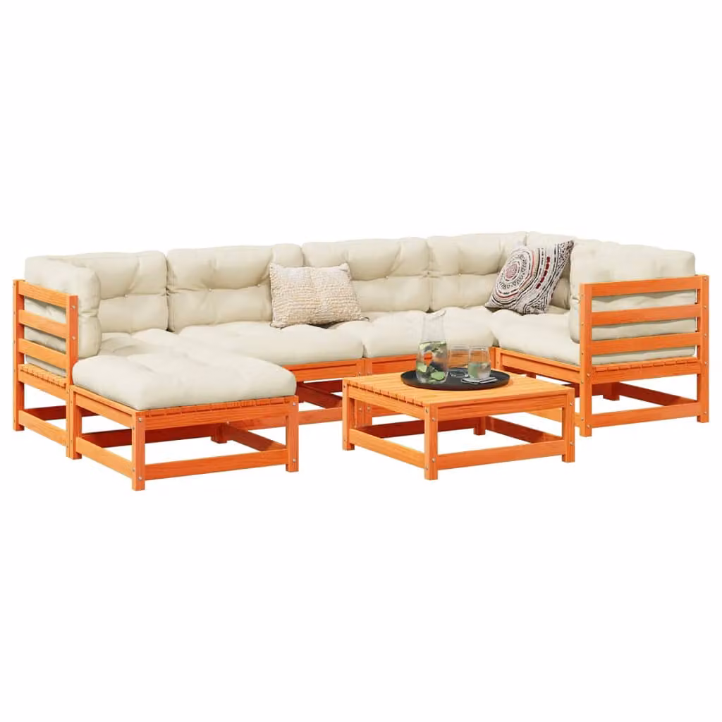 vidaXL Set Divani da Giardino 7 pz in Legno di Pino Massello Marrone con Cuscini Beige