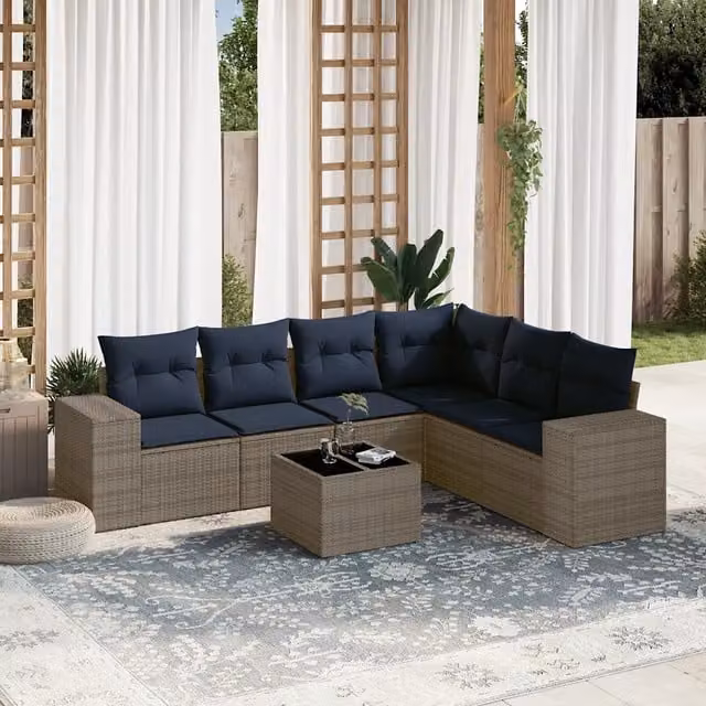 Set di divani da giardino a L vidaXL in polyrattan grigio con 7 pezzi e cuscini inclusi