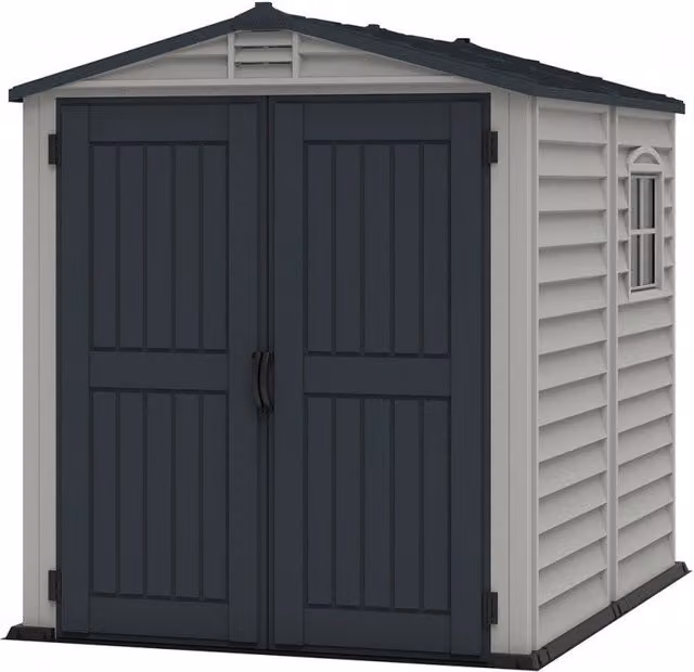Casetta in PVC StoreMate PLUS Ezooza con doppia porta e finestra, marrone o grigio, L/P/H: 190 x 190 x 213 cm