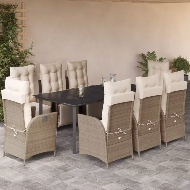 Set da Pranzo da Giardino vidaXL in Polyrattan con Tavolo in Vetro e 9 Sedute con Cuscini Beige – 1