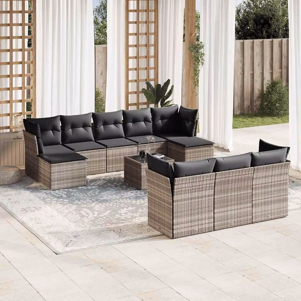Set di divani da giardino vidaXL 11 pz in polyrattan grigio con cuscini e tavolino da esterno a forma di U – 1