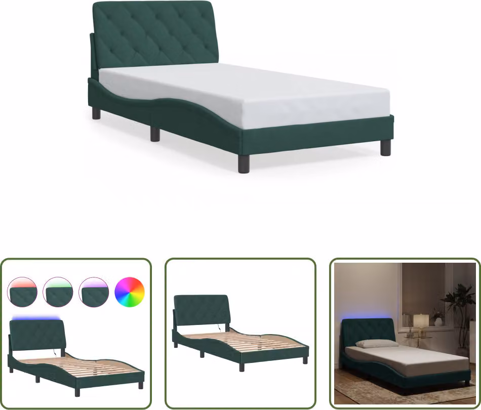 The Living Store Struttura letto con luci LED Verde scuro 100x200 cm in velluto