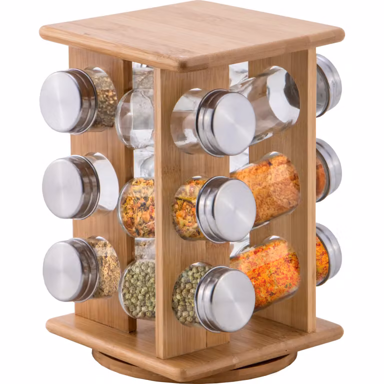 GUSTO CASA Portaspezie Rotante in Bamboo con 12 Barattoli in Vetro Trasparente e Acciaio Inox, Altezza: 23 cm