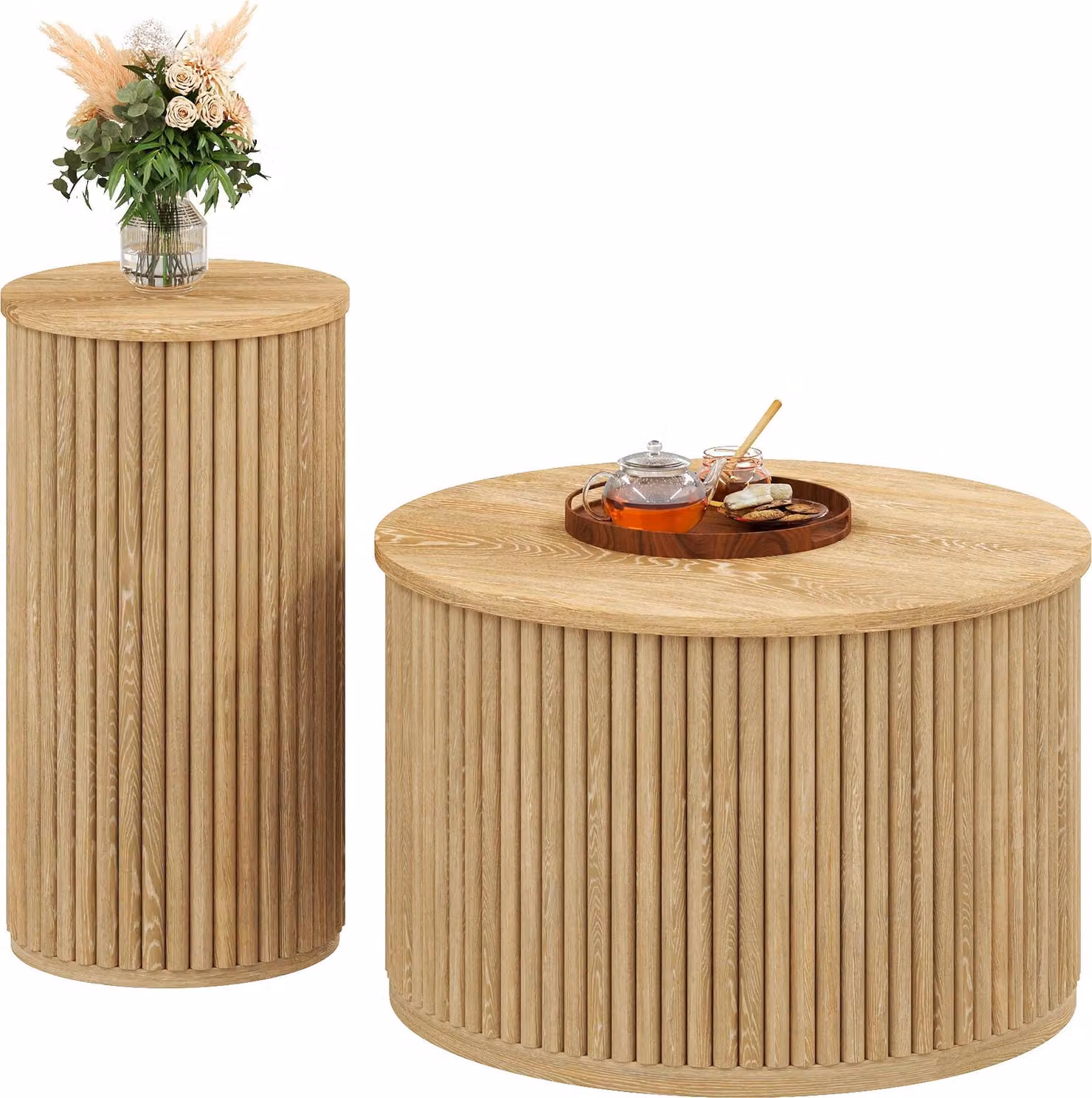 Tavolino da caffè rotondo, doppio, in legno naturale, multifunzionale, design moderno