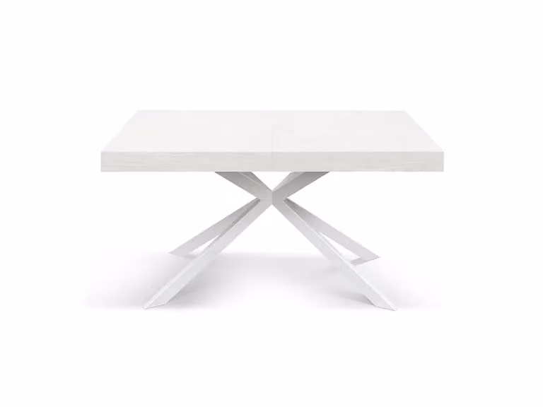 Tavolo CAMAIORE in legno, finitura bianco frassinato e base a X in metallo bianco, allungabile 140×90 cm - 220×90 cm