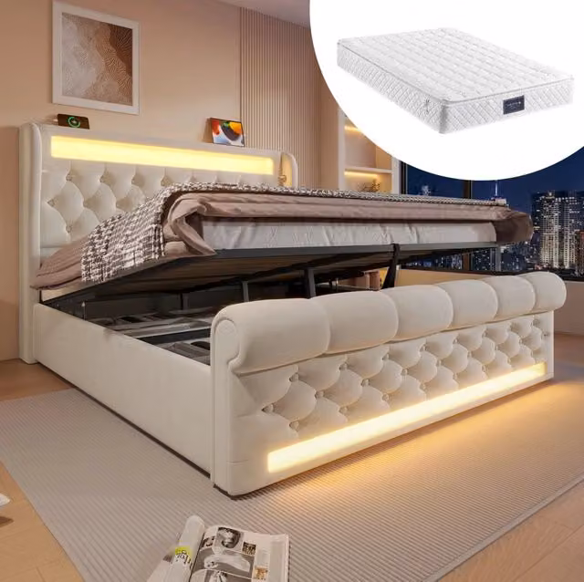 Letto contenitore con apertura idraulica 140x200 cm; LED; USB e Type-C; velluto beige; materasso incluso