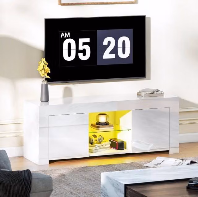 Mobile TV 120x34x45 cm bianco, vetro e LED RGB con 2 ante