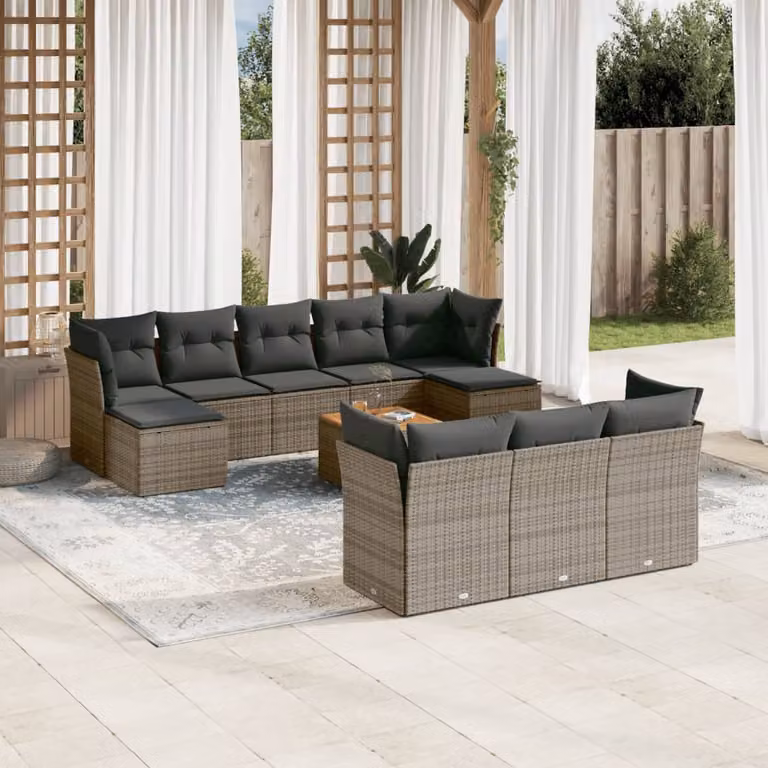 vidaXL Set Divani da Giardino 11 pz in Polyrattan Grigio con Cuscini e Tavolino da Esterno