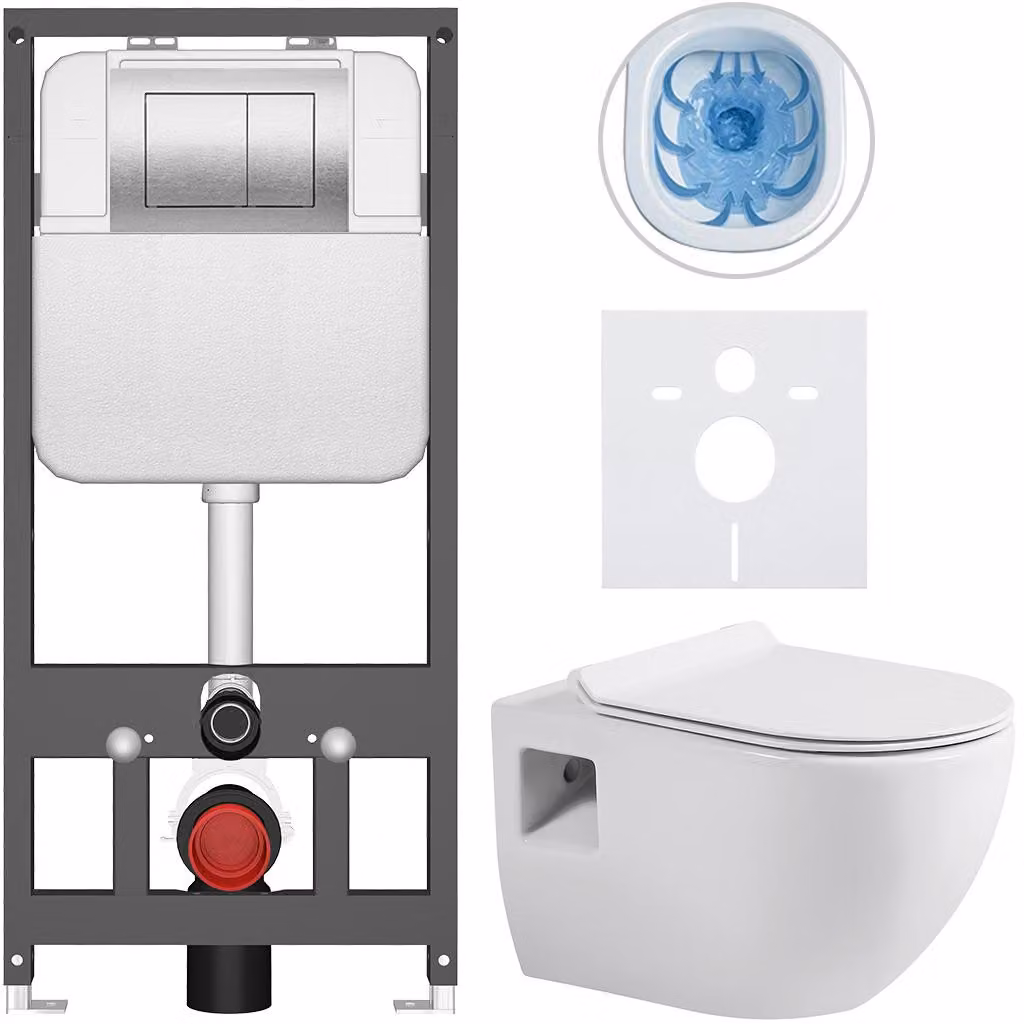 Set completo per WC sospeso Dure - bianco lucido - pulsante Prime/Maxio, argento - da installare a parete - per installazione a muro/con pannelli di cartongesso - 51x35 cm
