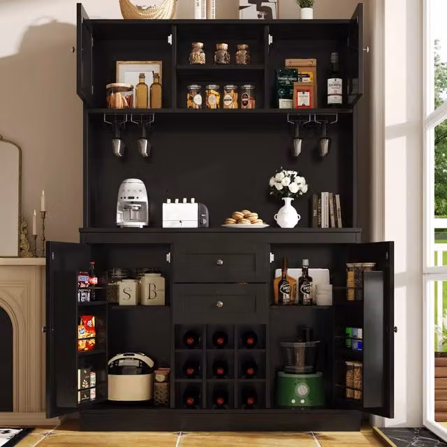 Credenza da cucina con 4 ante 2 cassetti ripiani regolabili portabottiglie in MDF nera 120 × 40 × 188 cm