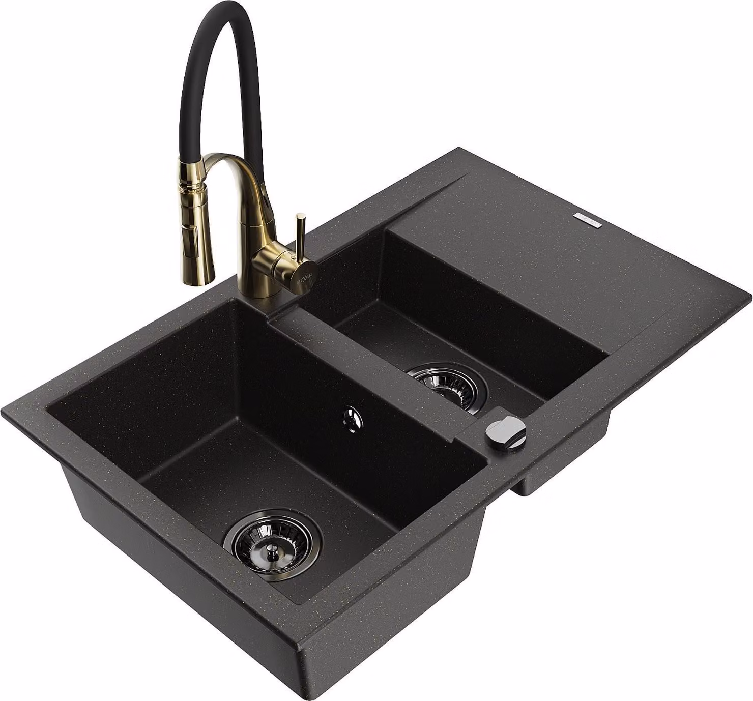 Mexen Gaspar lavello in granito 1,5 vasche con scolapiatti e rubinetto da cucina Aster, nero/oro metallizzato