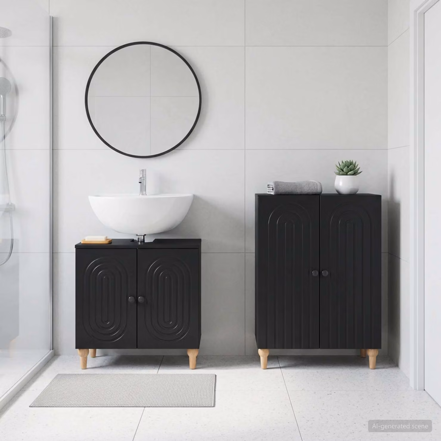 Set di mobili da bagno vidaXL ALKMAAR composto da mobile sottolavabo e mobile laterale in legno nero opaco, design moderno e freestanding