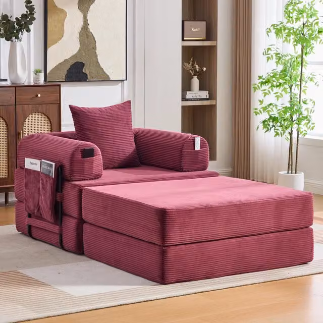 Divano modulare in velluto a coste con cuscino e tasca laterale ergonomico, rosso vino 112 × 190 × 67 cm