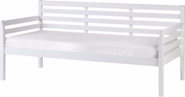 Divano letto in legno di gomma bianca, misura singola 90 x 200 cm con rete a doghe in stile moderno