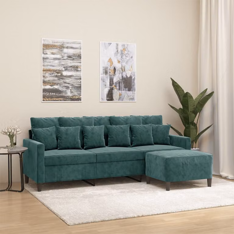 vidaXL Divano a 3 Posti con Poggiapiedi in Velluto Verde, L: 198 cm, P: 80 cm, H: 77 cm