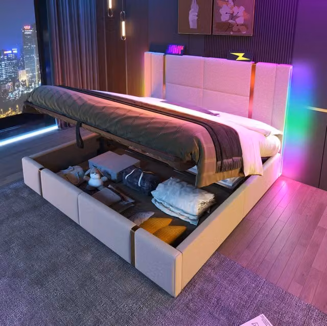 Letto matrimoniale imbottito 180x200 cm con illuminazione LED, ricarica USB Type-C, contenitore e rete a doghe in legno beige in lino