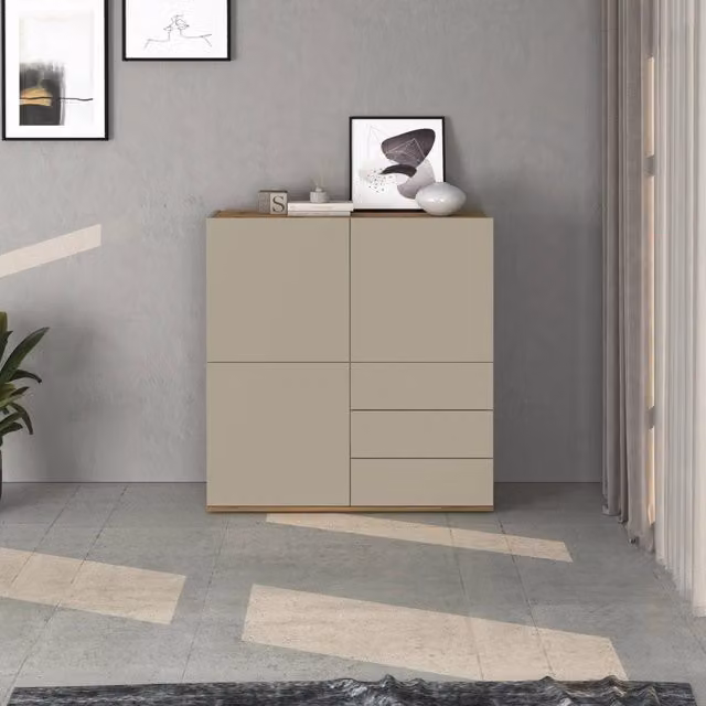 WHOUS Credenza Garda a 3 ante e 3 cassetti tortora opaco e rovere 102x35x110 cm