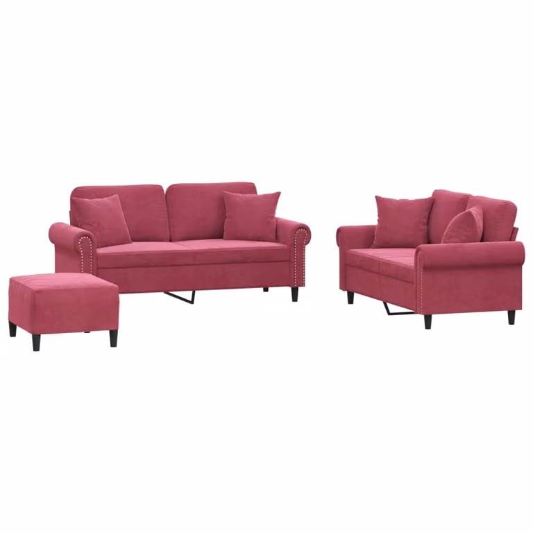 Set di Divani 3 pz con Cuscini Rosso Vino in Velluto