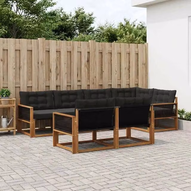Set di divani da esterno vidaXL a forma di U composto da 7 pezzi in legno di acacia con cuscini in tessuto textilene, colore marrone e nero – 1