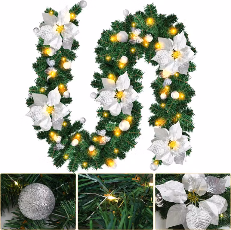 Ghirlanda natalizia artificiale Ikodm, 2,7 metri, con 50 LED bianco caldo, decorazioni natalizie, alimentata a batteria, ideale per porte, finestre, scale, camini e ringhiere