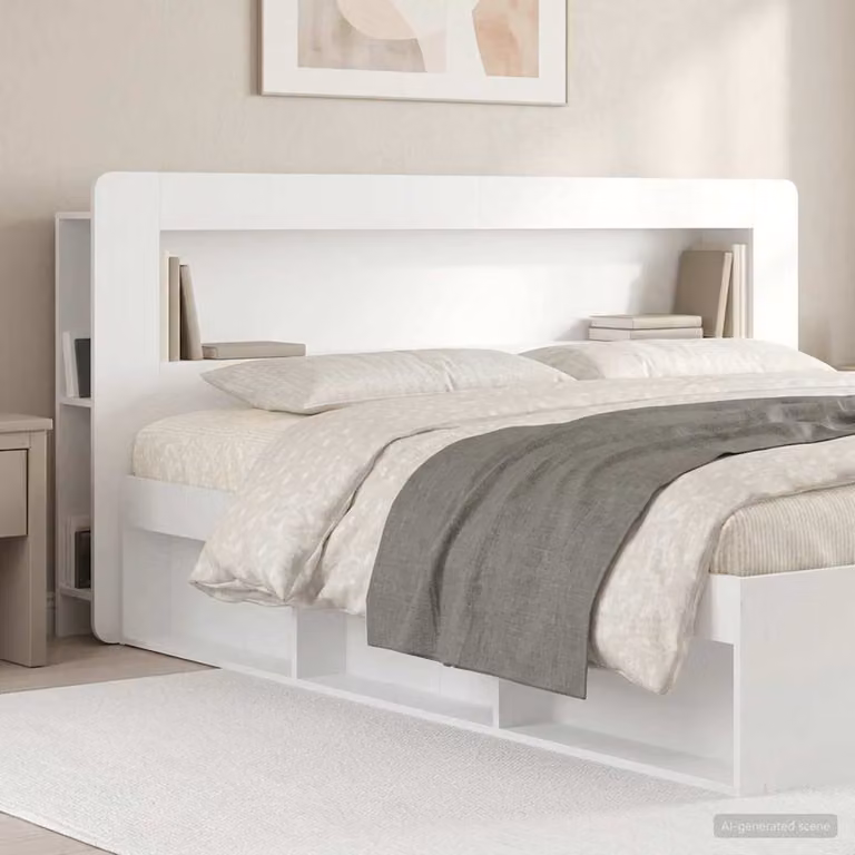 Testata del letto moderna vidaXL in legno ingegnerizzato bianco lucido con ripiani integrati L 215 x H 100 x P 27,46 cm