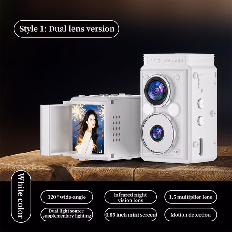 S11 Mini fotocamera CCD retrò a doppio obiettivo, TLR portatile, visione notturna a infrarossi, digitale, bianca