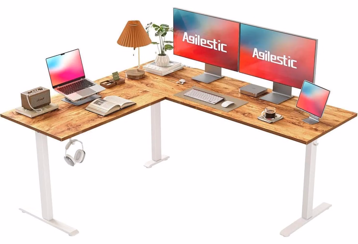 Scrivania a forma di L, regolabile in altezza, 160 x 140 cm, con sistema elettrico, scrivania angolare, regolabile in altezza per lavoro in piedi o seduti, color marrone chiaro